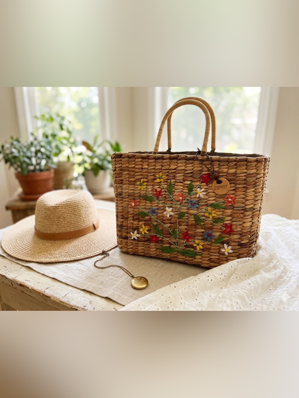 Esprit de Corp Vintage 80s Floral Embroidered Straw Woven Boho Market Tote Bag - Picture 10 of 10